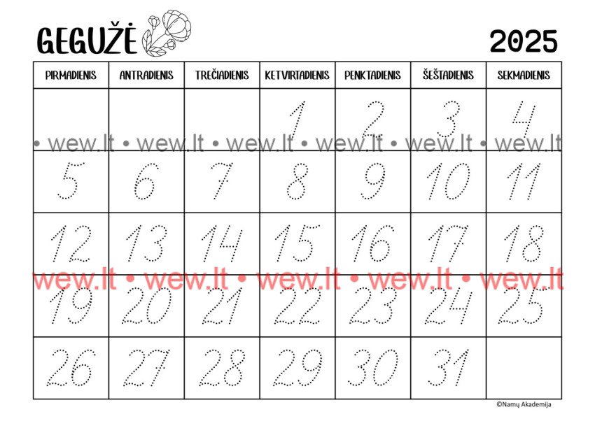 Gegužė - 2025 Kalendorius - rašome skaičius, mokomės suprasti laiko tėkmę