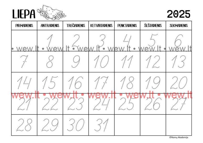 Liepa - 2025 Kalendorius - rašome skaičius, mokomės suprasti laiko tėkmę