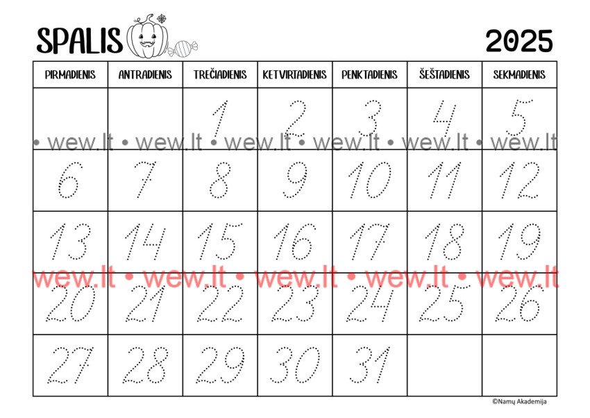 Spalis - 2025 Kalendorius - rašome skaičius, mokomės suprasti laiko tėkmę