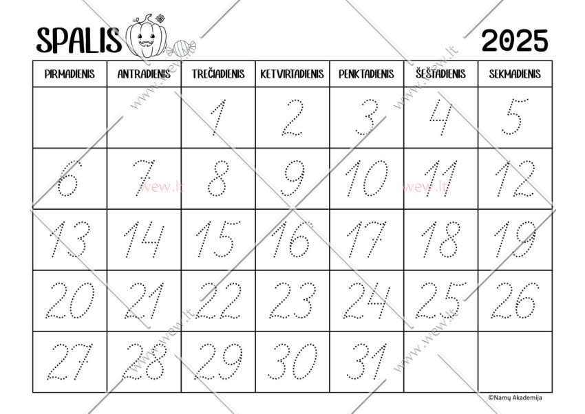 Spalis - 2025 Kalendorius - rašome skaičius, mokomės suprasti laiko tėkmę