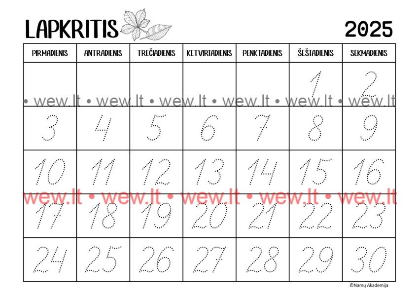 Lapkritis - 2025 Kalendorius - rašome skaičius, mokomės suprasti laiko tėkmę