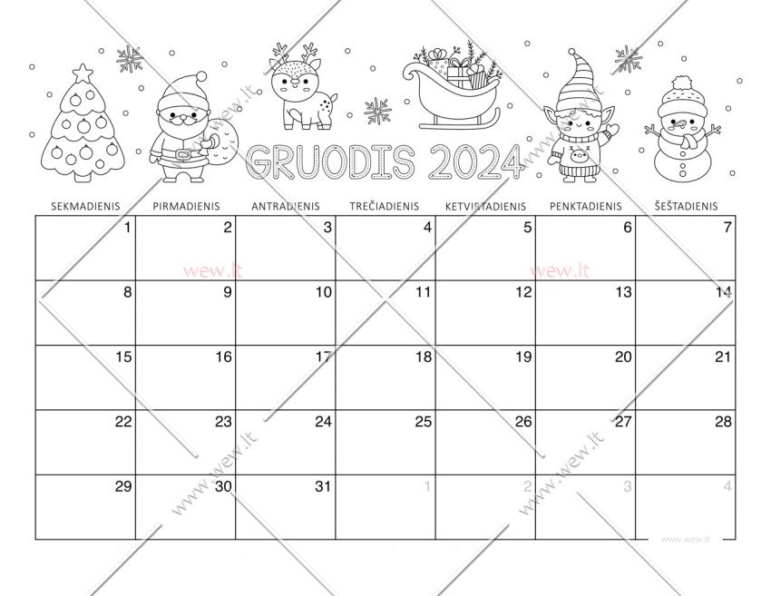 2024 Gruodžio kalendorius spalvinti