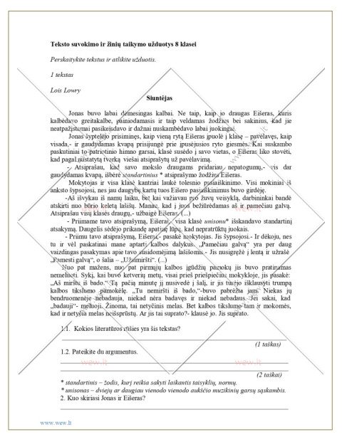 Teksto suvokimo ir žinių taikymo užduotys 8 klasei
