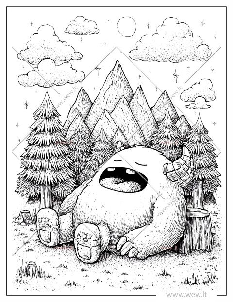 Mielas kawaii monstras, miegantis plačiai išsižiojęs