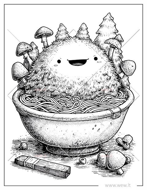 Mielas Kawaii monstras milžiniškame ramen makaronų dubenyje