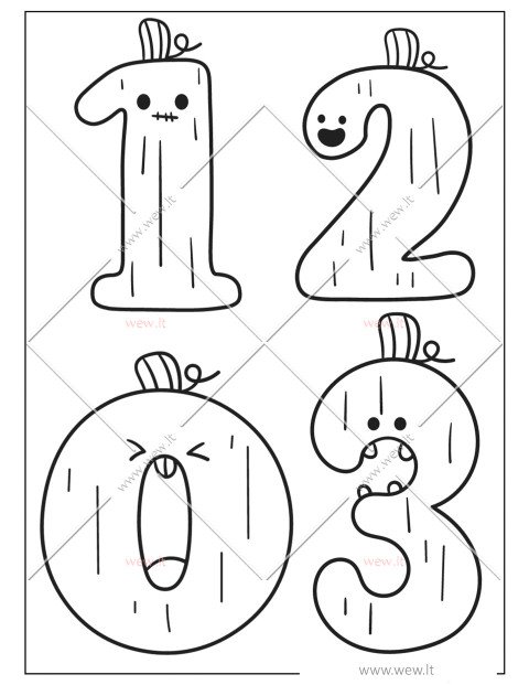 Linksmieji skaičiai 1, 2, 3 ir 0 spalvinti