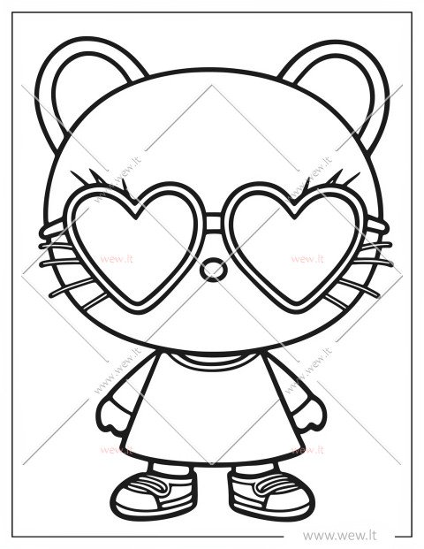 Hello Kitty su širdelės formos akiniais spalvinimui