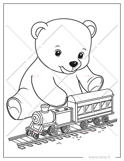 Meškiukas žaidžia su traukiniu - spalvinti vaikams
