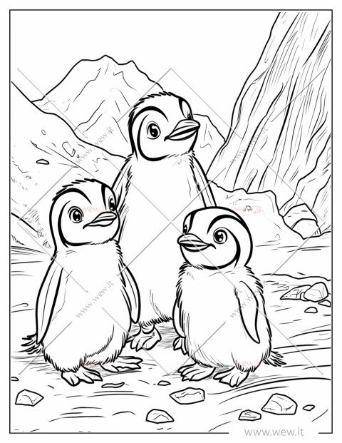 Trys pingvinai spalvinti