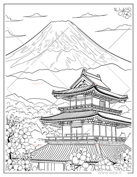 Pagoda su Fudžio kalnu fone