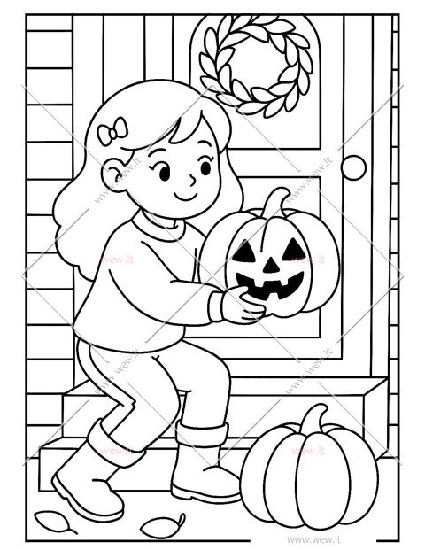 Mergaitė su moliūgu  spalvinti - Helovino šventė