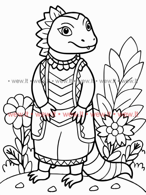 Iguana apsirengusi drabužiais tarp gėlių