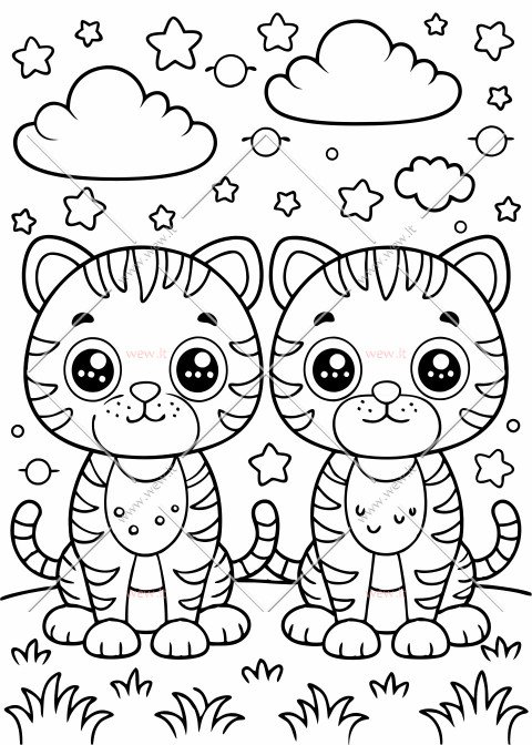 Du tigrai sėdintys ant pievos