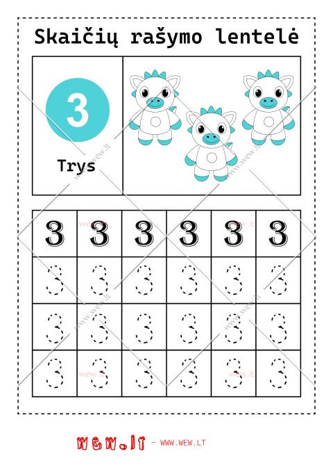 Rašymo užduotys "Skaičiai" - trys