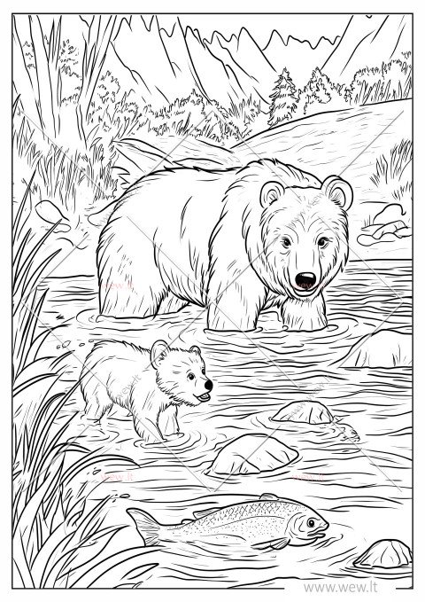 Meška su meškiuku žvejyboje - spalvinti vaikams