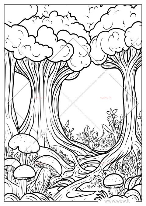 Paslaptingas miškas su grybais