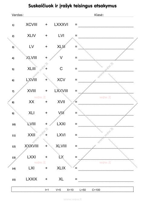 Romėniški skaičiai: sudėtis - 1 lapas