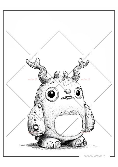 Mielas kawaii monstras su ragais spalvinti