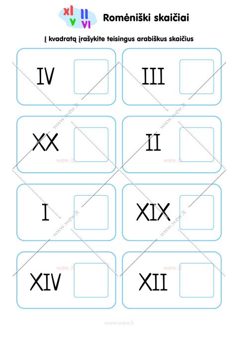 Romėniški skaičiai - užduotis vaikams 1 lapas