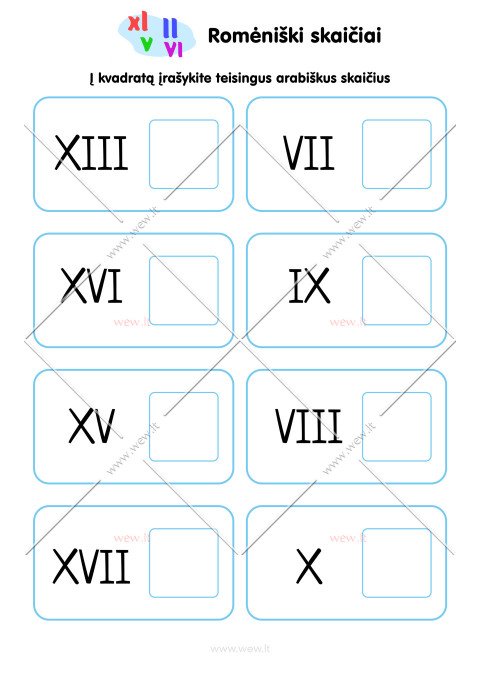 Romėniški skaičiai - užduotis vaikams 2 lapas